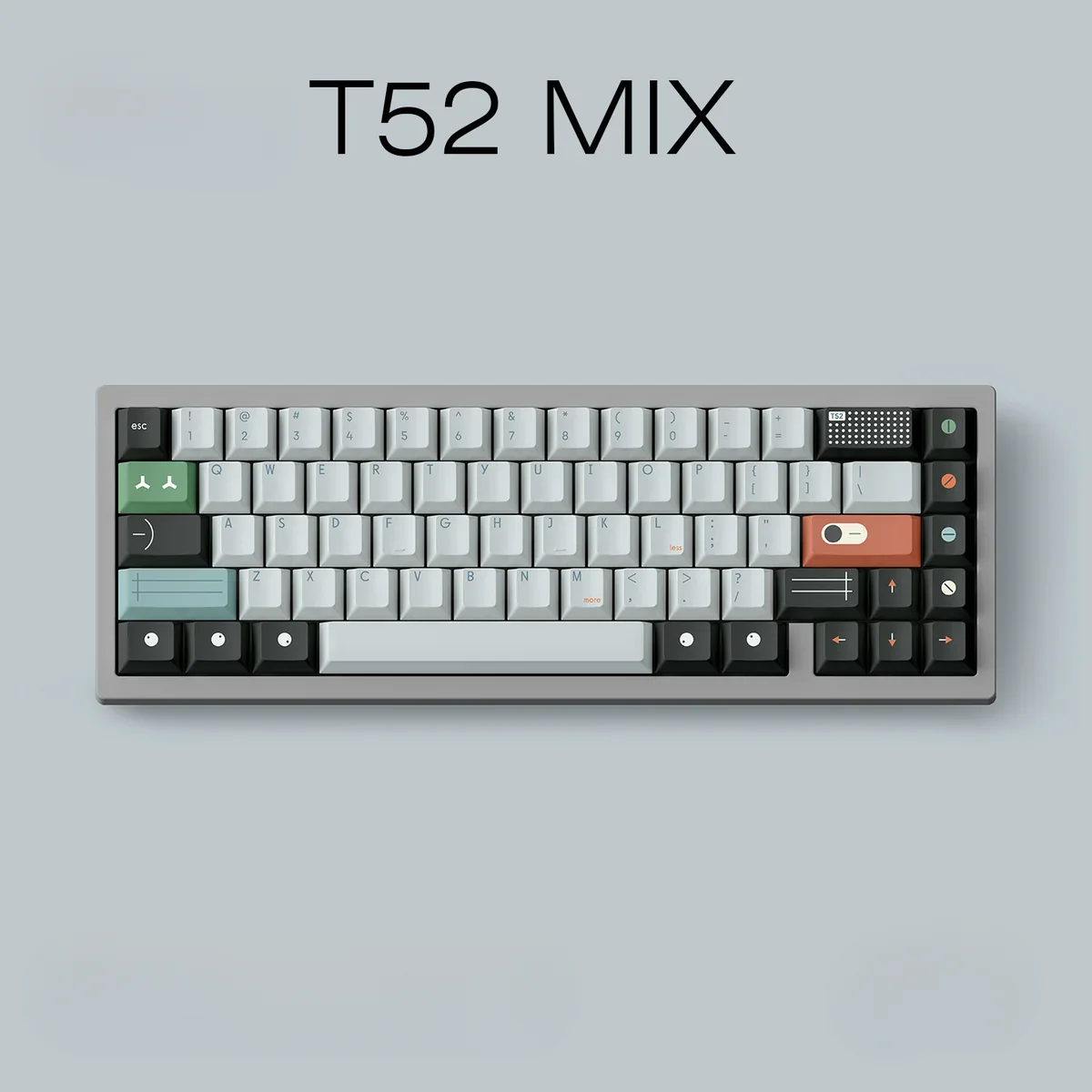Detailed gallery of T52 MIX PBT keycaps set, highlighting their durable PBT construction and crisp dye-sublimation from multiple angles.