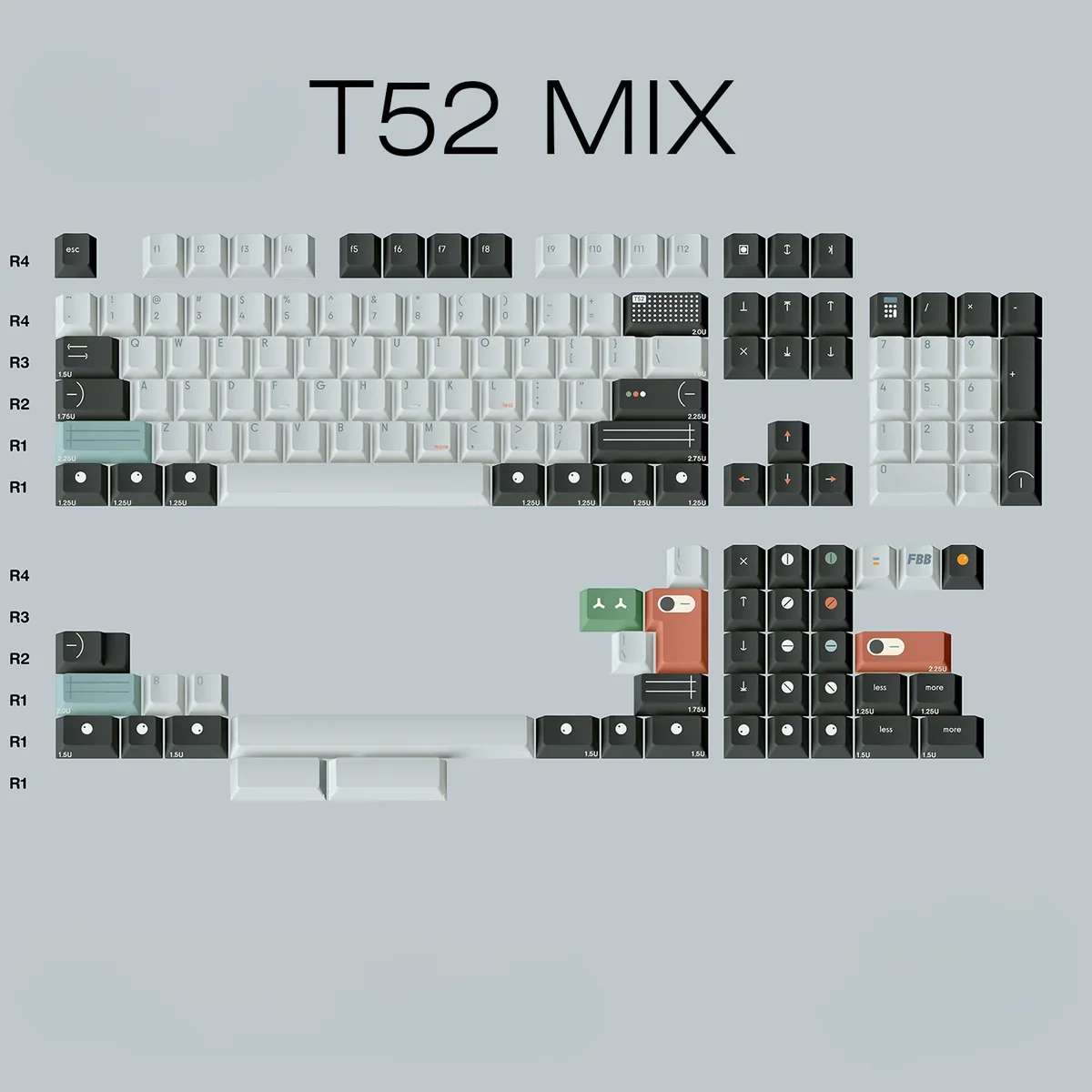 T52 MIX PBT keycaps Set showcased from multiple angles, emphasizing their durable PBT construction and crisp dye-sublimation for a clean, premium setup.