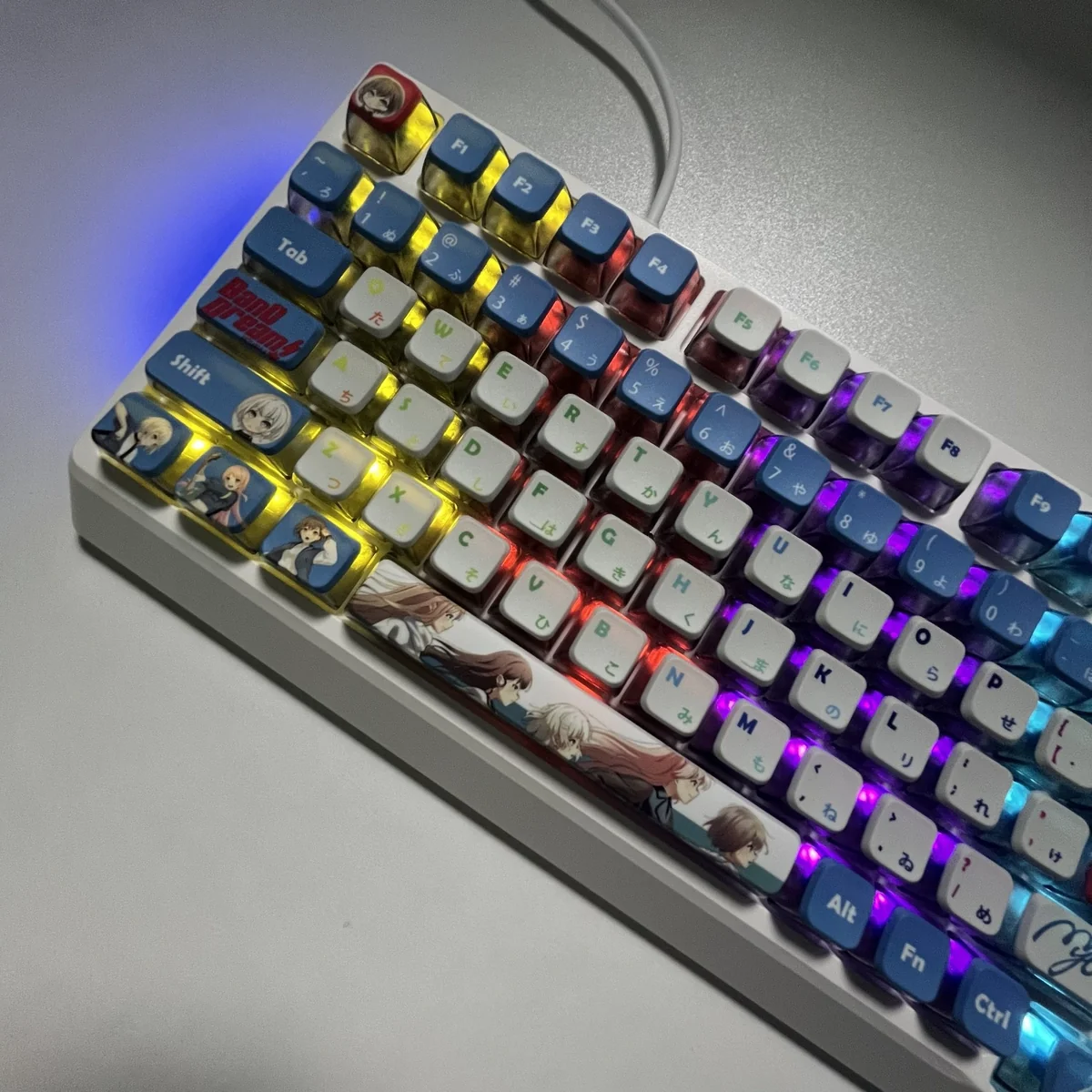 Playful vibrant RGB PBT MyGO Band Theme keycap set from multiple angles, showcasing their translucent design, comfortable MDA profile, and immersive backlighting design.