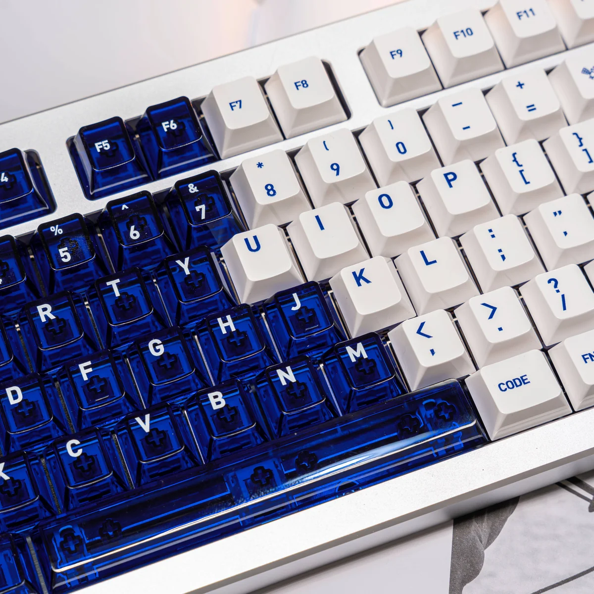 Luminous Acid Blue White PC keycaps set from various angles, showcasing the vibrant translucent blue and clean opaque white contrast, ideal for a modern angles.