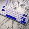 Luminous Acid Blue White PC keycaps set, highlighting the striking translucent blue and opaque white contrast from diverse angles for a vibrant, modern design.