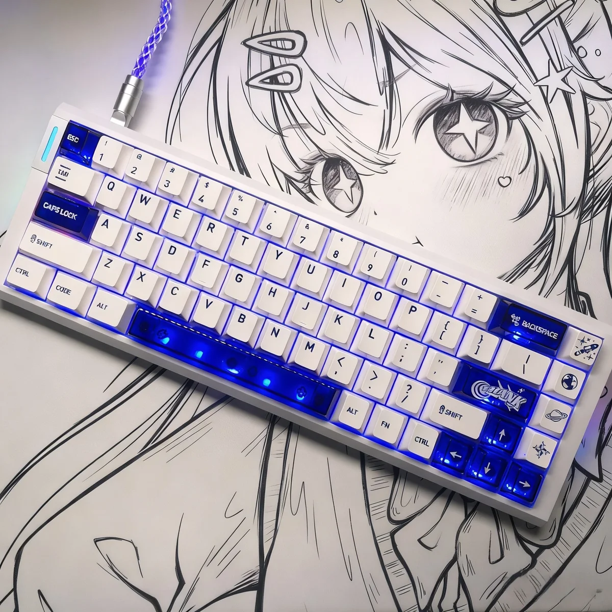 Luminous Acid Blue White PC keycaps set, highlighting the striking translucent blue and opaque white contrast from diverse angles for a vibrant, modern design.