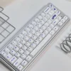 Luminous Acid Blue White PC keycaps set in a close-up, showcasing their striking translucent blue and clean opaque white contrast, illuminating a modern design.