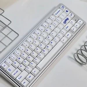 Luminous Acid Blue White PC keycaps set in a close-up, showcasing their striking translucent blue and clean opaque white contrast, illuminating a modern design.