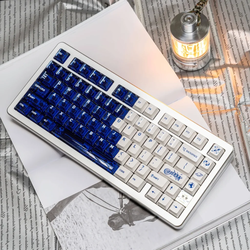 Luminous Acid Blue White PC keycaps set variant, featuring two distinct sets: one with opaque ceramic white and translucent acid blue, another fully translucent design.