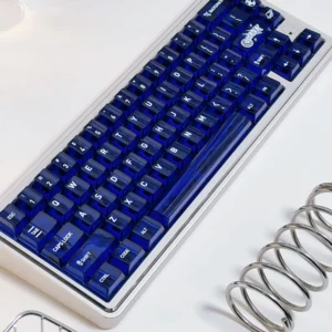 Striking Acid Blue White PC translucent keycaps set, 120-key Cherry profile. Vibrant blue transparent and white keys illuminate custom setups.