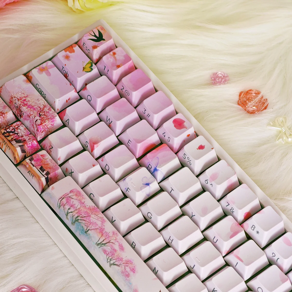 Exquisite Peach Blossom Spring PBT keycaps set from multiple angles, revealing the idyllic ancient Chinese landscape, delicate blossoms, and ethereal utopia.