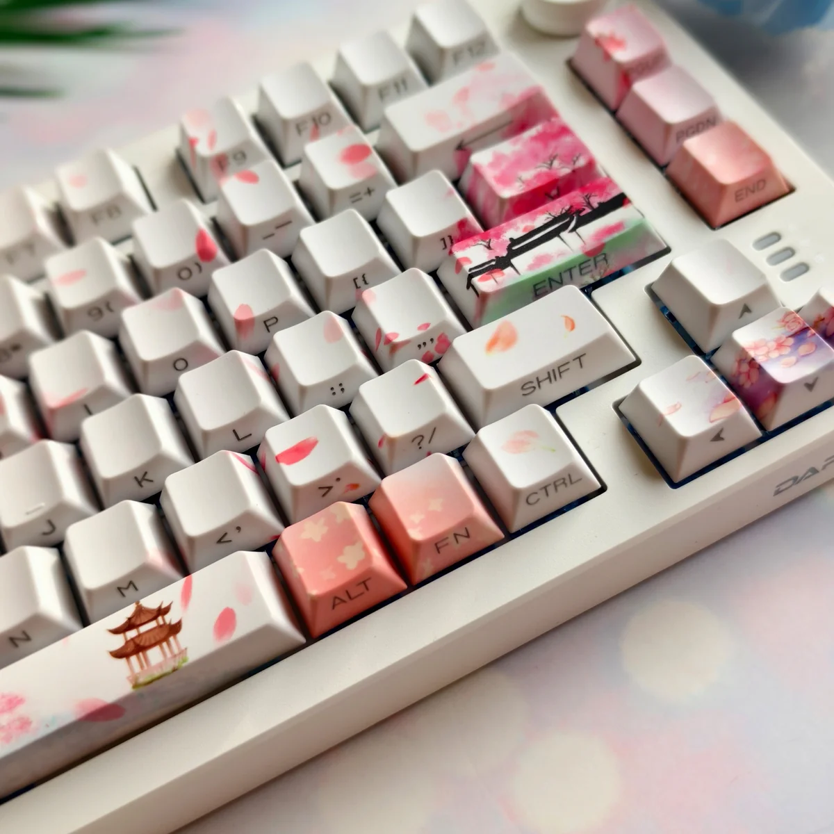 Exquisite Peach Blossom Spring PBT keycap set showcasing idyllic ancient Chinese landscapes and delicate, ethereal peach blossoms from various angles.