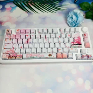 Exquisite Peach Blossom Spring PBT Keycaps set, featuring delicate blossoms and an idyllic ancient utopia design. These artistic keycaps enhance your keyboard.