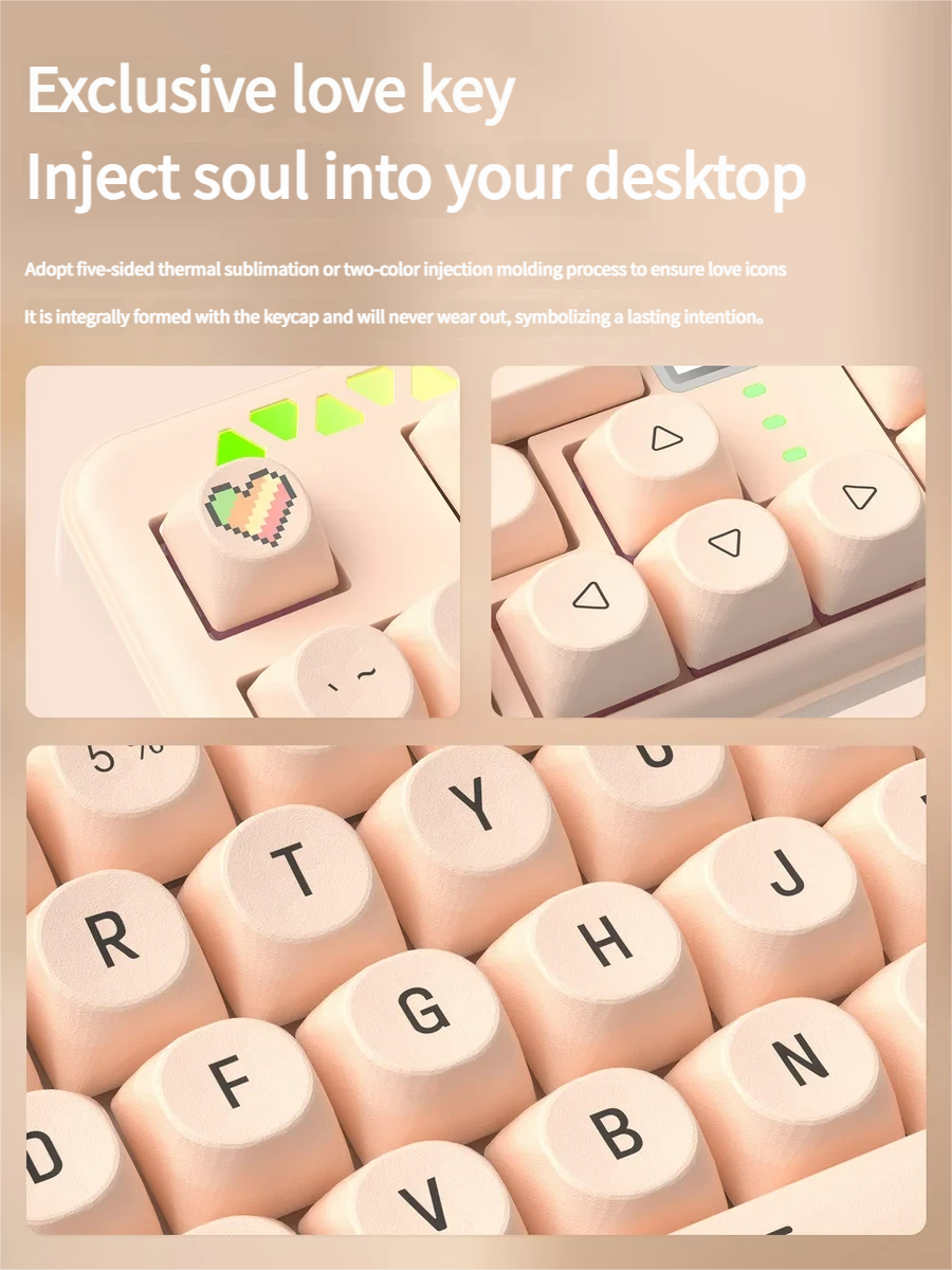 A gallery of Peach Cream & Tofu Keycaps Set, an SO Profile PBT set, showcasing soft pastel hues, creamy textures, and the unique profile from different angles.