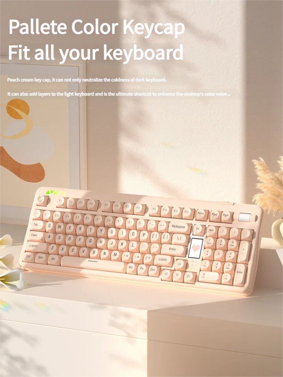 Artistic gallery of Peach Cream & Tofu SO Profile PBT keycaps set from various angles, highlighting their sweet pastel hues, creamy texture, and premium build.