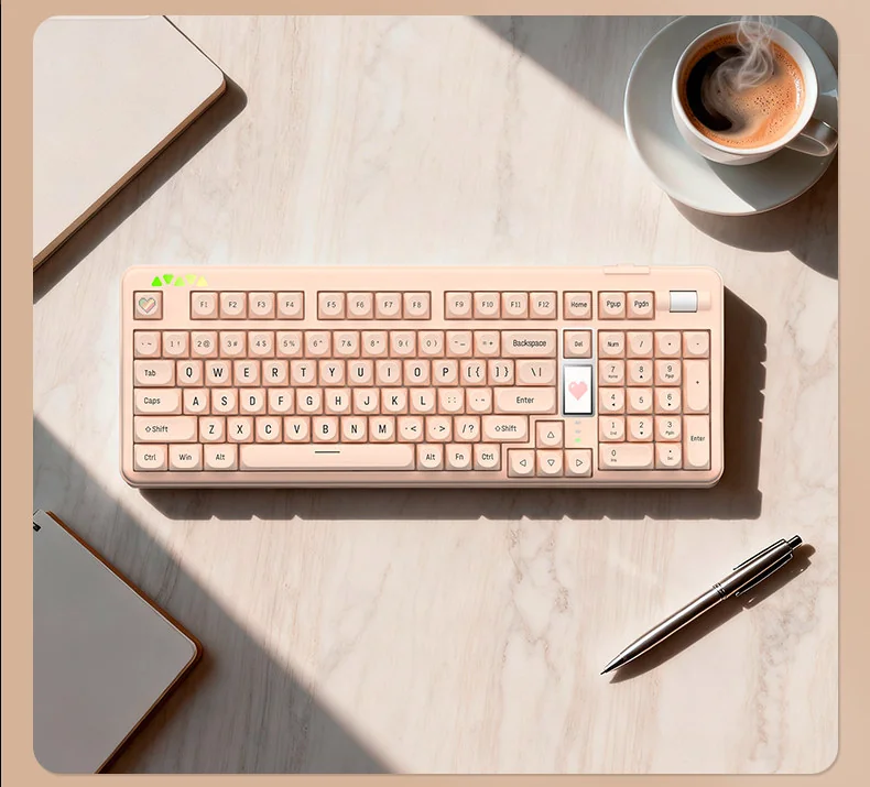 Peach Cream & Tofu Keycaps Set PBT set gallery, showing soft pastel hues and creamy textures from multiple angles. Highlights premium PBT material and unique SO profile.