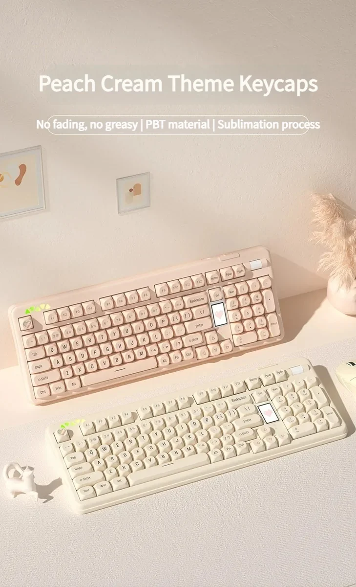 Multiple artistic views of Peach Cream & Tofu Keycaps Set, revealing their sweet pastel aesthetic, premium PBT texture, and distinct SO profile keycap set.