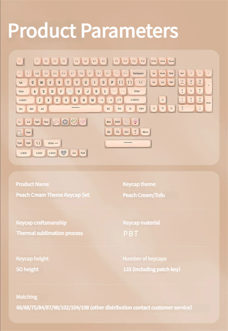 Peach Cream & Tofu SO profile PBT keycaps set, part of the Peach Tofu set, showcasing a soft, minimalist dessert aesthetic.