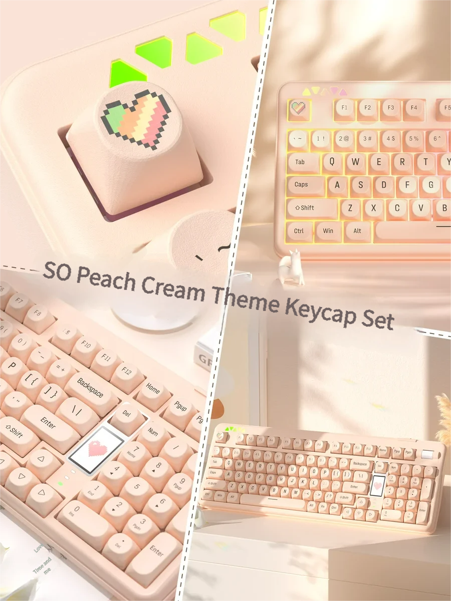 Multiple artistic views of Peach Cream & Tofu Keycaps Set, revealing their sweet pastel aesthetic, premium PBT texture, and distinct SO profile keycap set.