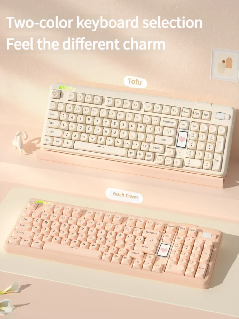 Artistic main image of Peach Cream & Tofu Keycap Set, a premium PBT unique SO profile set, showcasing soft pastel hues and creamy textures for a sweet, dessert-inspired.