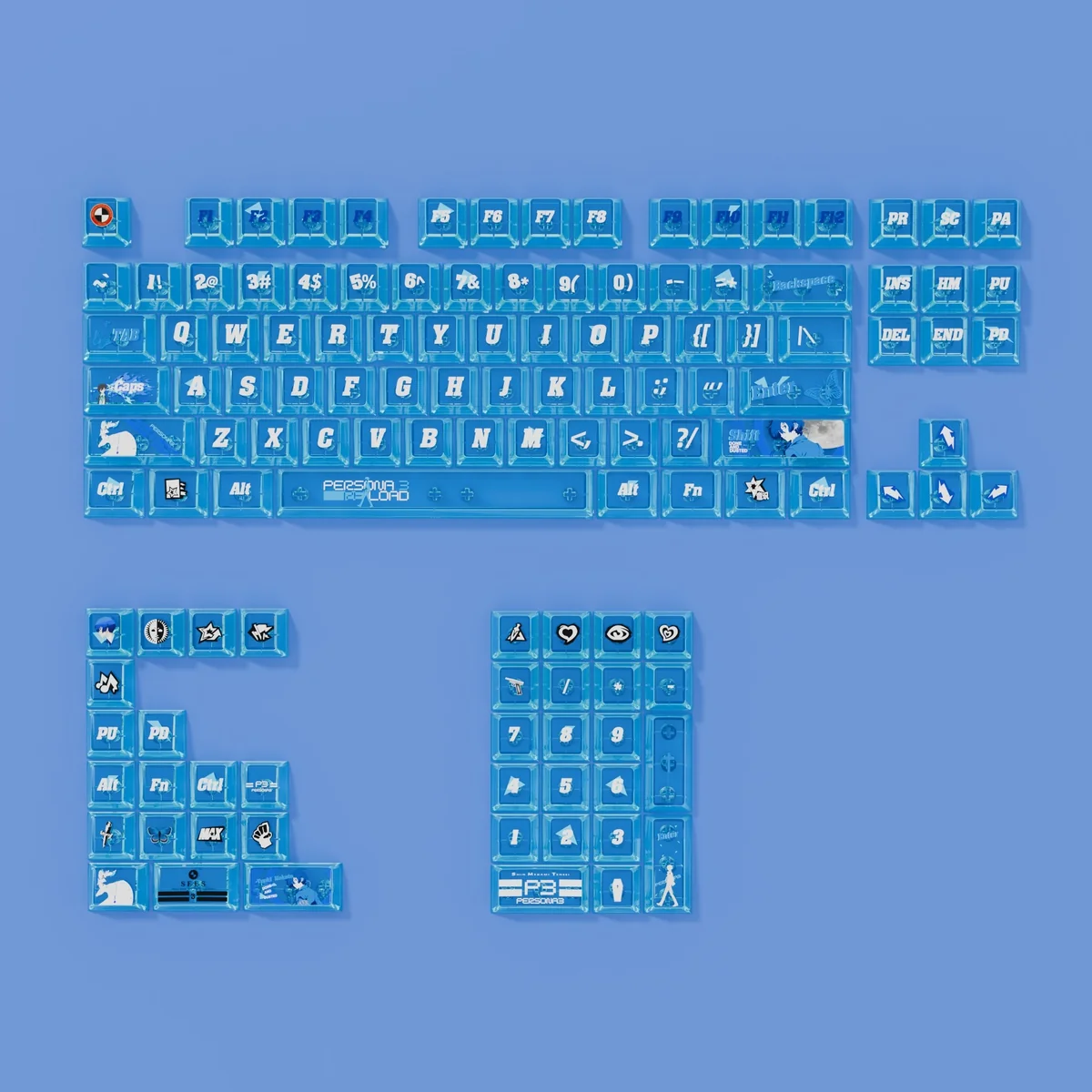 Full set of Persona 3 Yuki Makoto themed PBT keycaps set, side-printed and backlit, showcasing the dark, luminous aesthetic for PC keyboards.