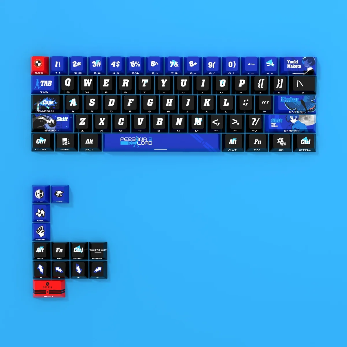 Close-up of Persona 3 Yuki Makoto side-printed PBT keycaps set, glowing subtly, embodying the dark, premium game aesthetic.