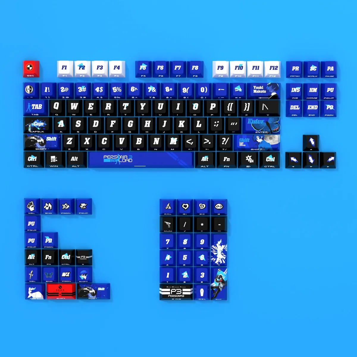 Persona 3 Yuki Makoto PBT keycaps set, featuring luminous side-printed legends and a dark, stylized backlit glow.