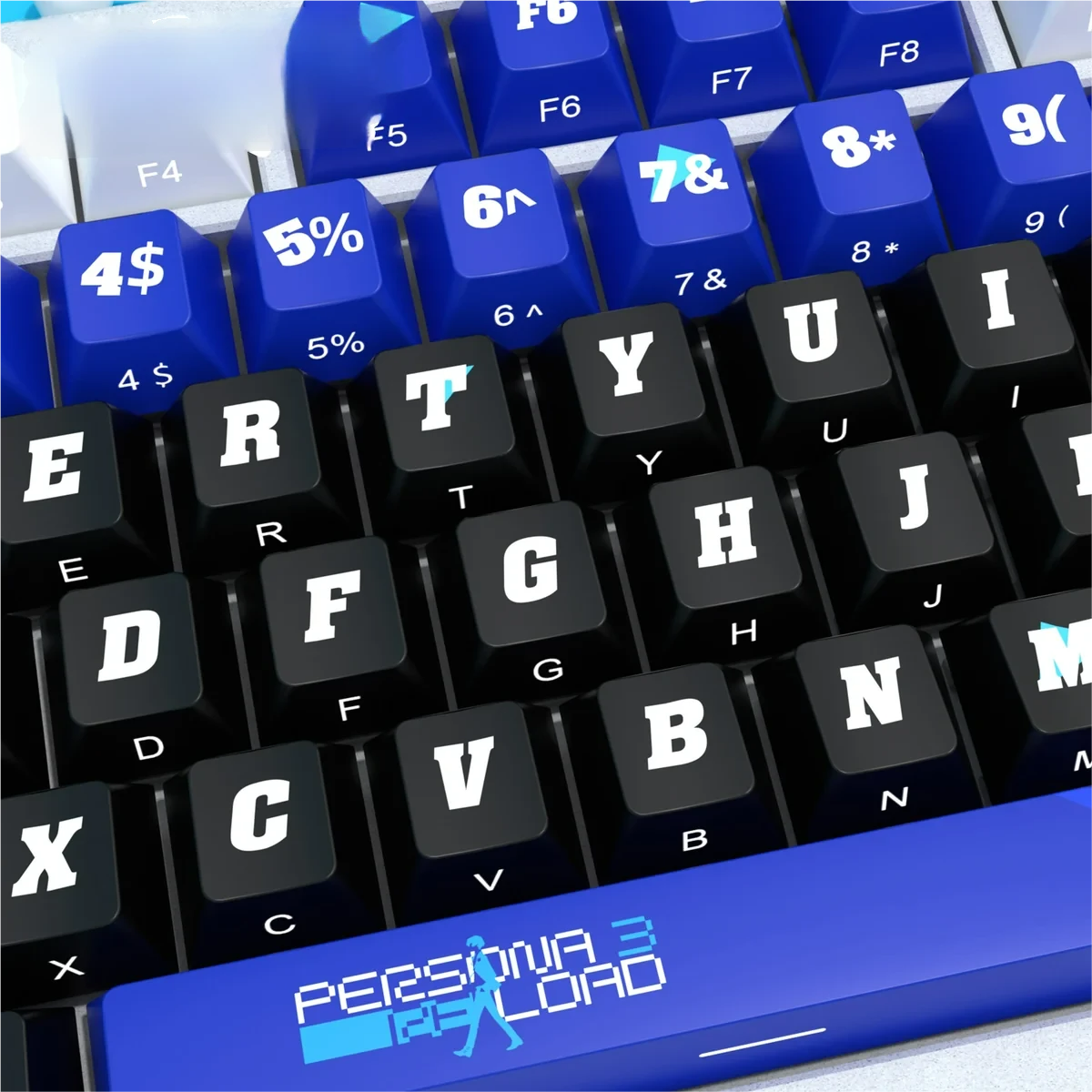 Premium Persona 3 Yuki Makoto backlit PBT keycaps set showcasing the dark, stylized aesthetic from multiple angles, highlighting the luminous side-printed.