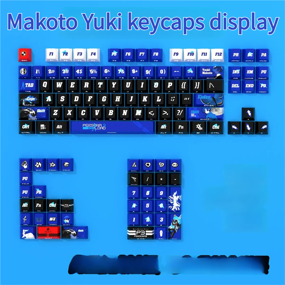 Persona 3 Yuki Makoto backlit PBT keycaps set, showcasing premium PBT texture and luminous side-printed legends in a dark, stylized Persona 3 aesthetic.