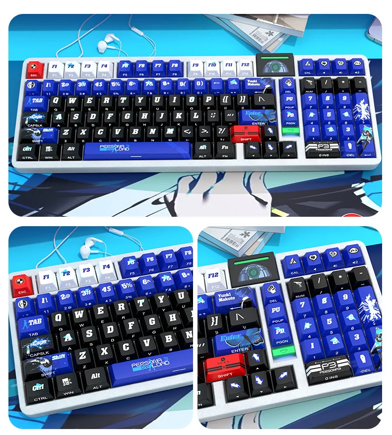 Persona 3 Yuki Makoto backlit PBT keycaps set, displaying their dark, stylized design and luminous side-printed legends from a unique angle.
