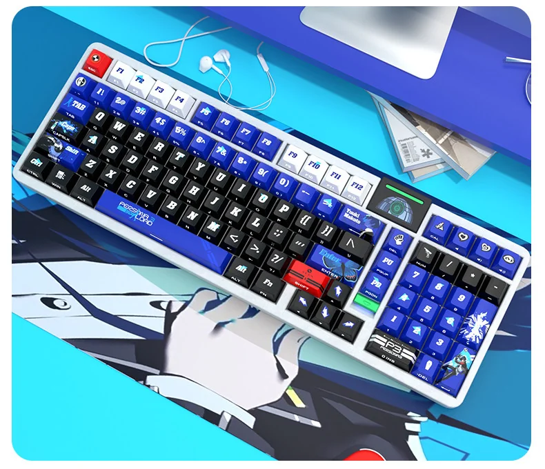Full set of Persona 3 Yuki Makoto themed PBT keycaps set, side-printed and backlit, showcasing the dark, luminous aesthetic for PC keyboards.