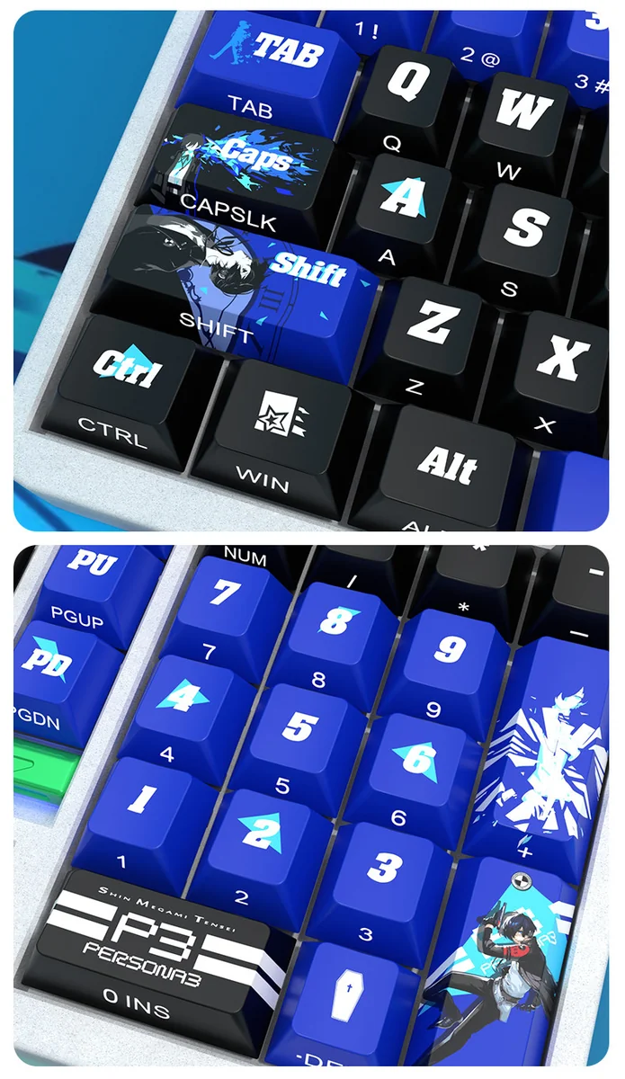 Close-up of Persona 3 Yuki Makoto side-printed PBT keycaps set, glowing subtly, embodying the dark, premium game aesthetic.