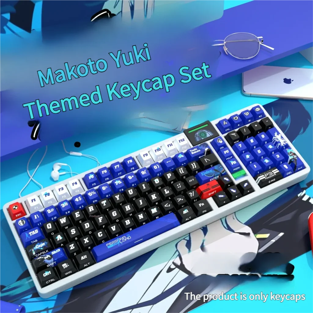 Persona 3 Yuki Makoto PBT keycaps set featuring a dark, stylized aesthetic with luminous side-printed legends and brilliant backlighting.
