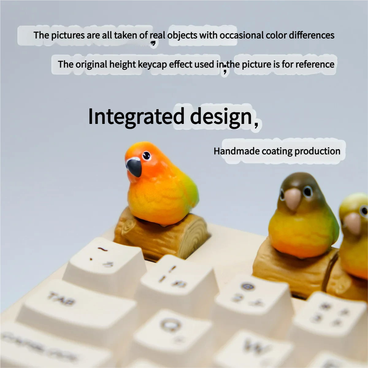 Detailed view of the joyful handmade Pineapple Conure Keycaps, featuring its vibrant tropical scene and wood-effect base.