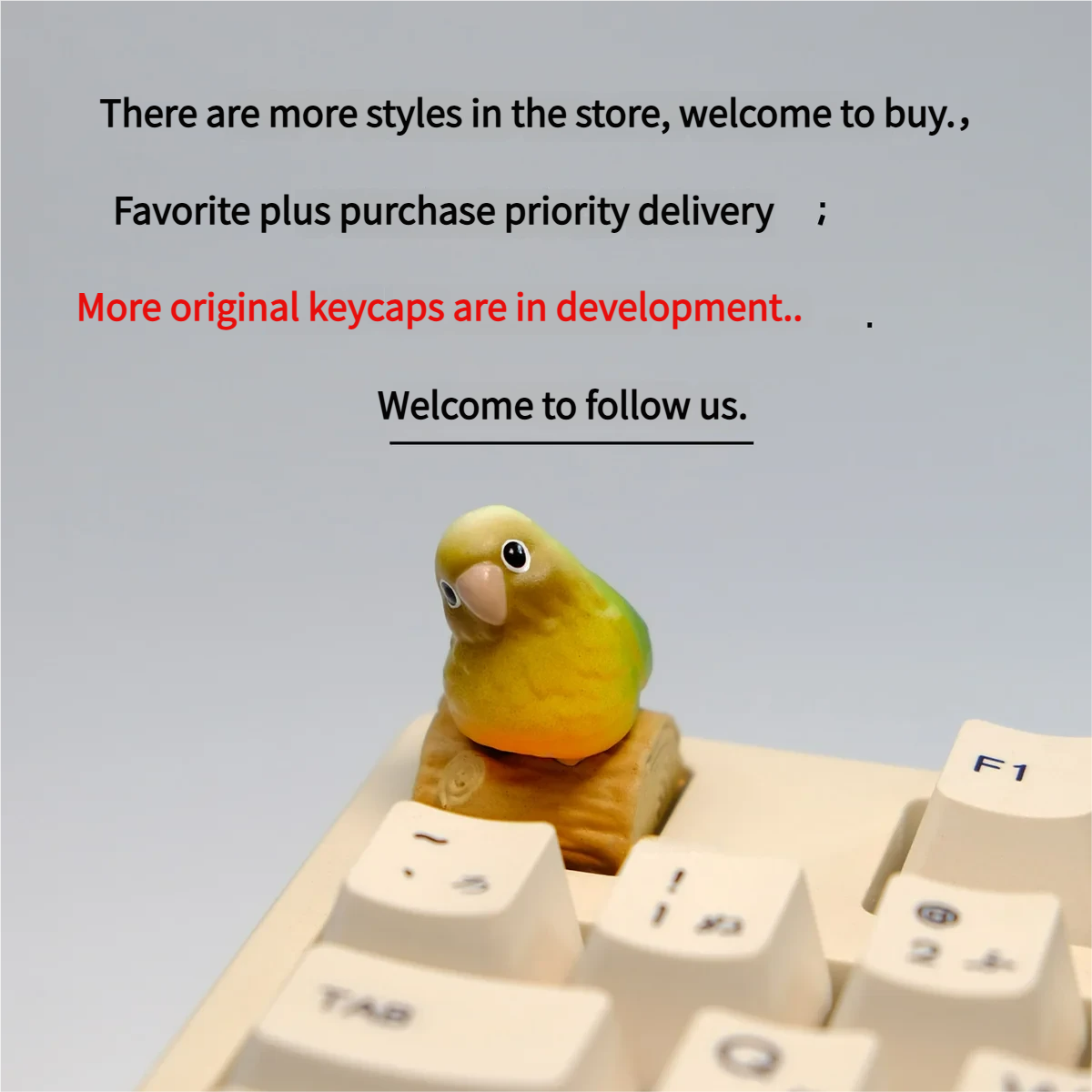 Vibrant handmade 3D Pineapple Conure Keycaps, showing its intricate tropical scene on a rustic base from a side view.