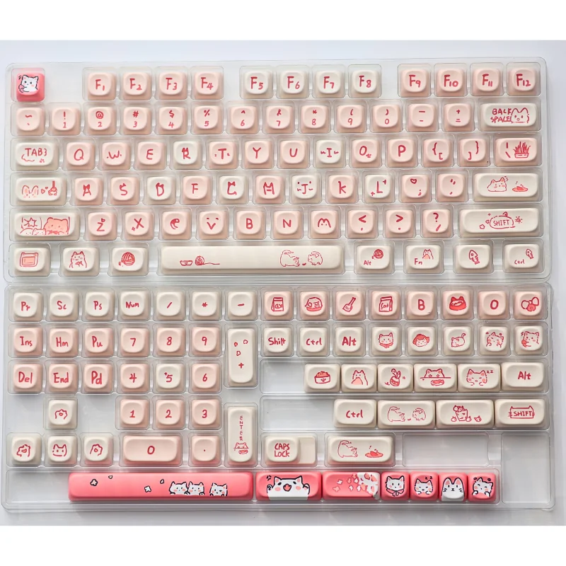 Close-up view of durable PBT Dye-Sub Pink Cat Keycaps Set, showcasing their whimsical pink cat and anime iconography from multiple playful angles.