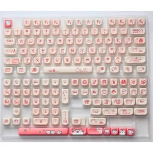 Charming Pink Cat Keycaps set, featuring durable PBT Dye-Sub keycaps with playful anime-inspired pink cat illustrations for a whimsical keyboard.