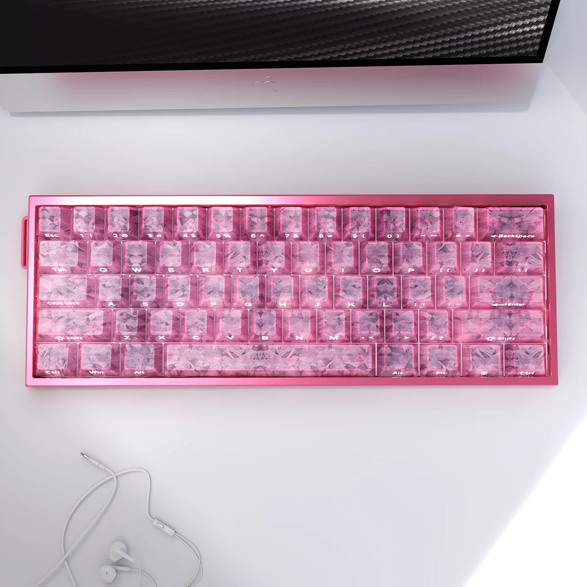 Close-up views of Pink Forged Carbon Keycaps Set, showcasing their distinctive pink forged carbon texture from multiple angles for a playful elegance.