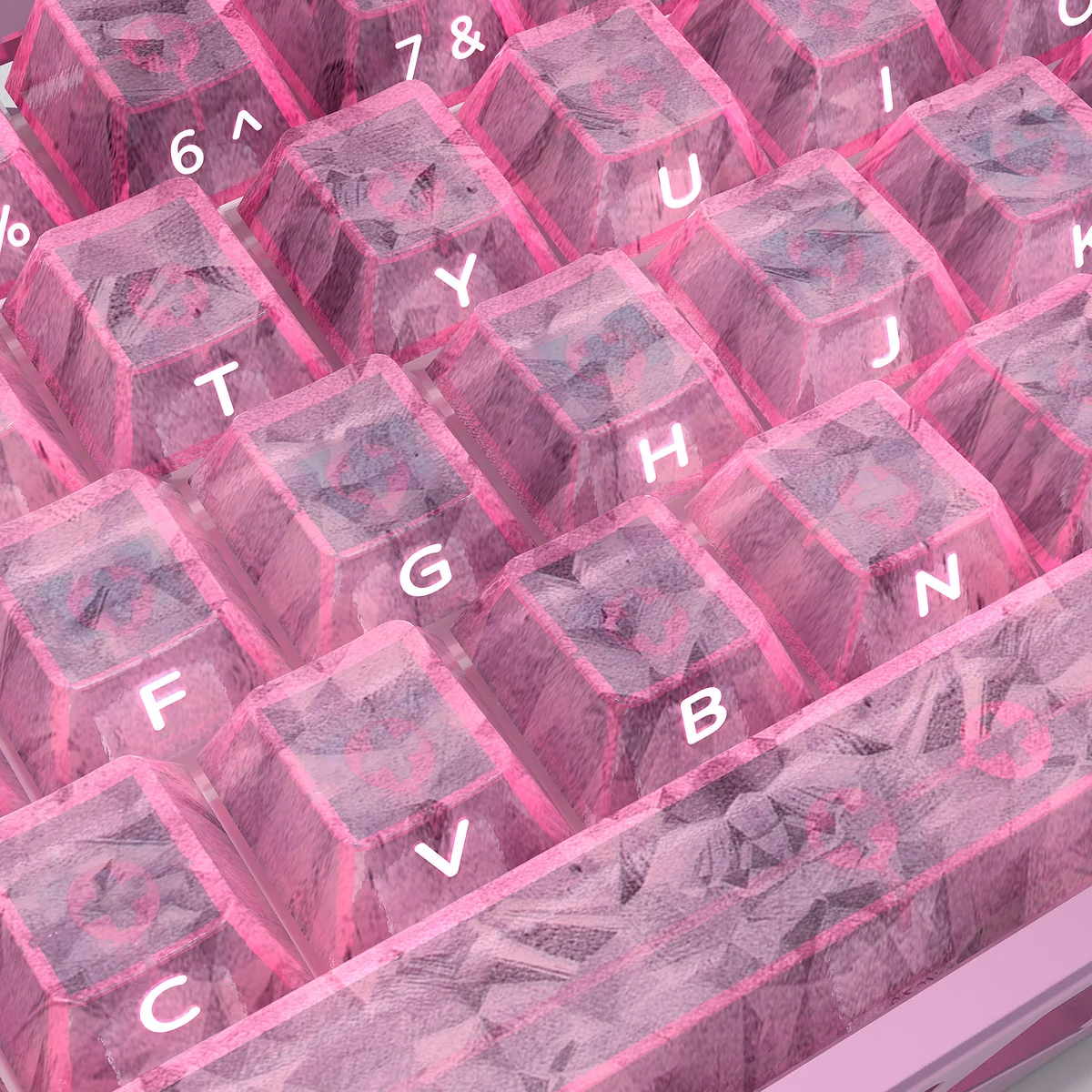 A gallery of Pink Forged Carbon Keycaps Set, showcasing their distinctive high-tech texture and playful elegance from multiple angles.