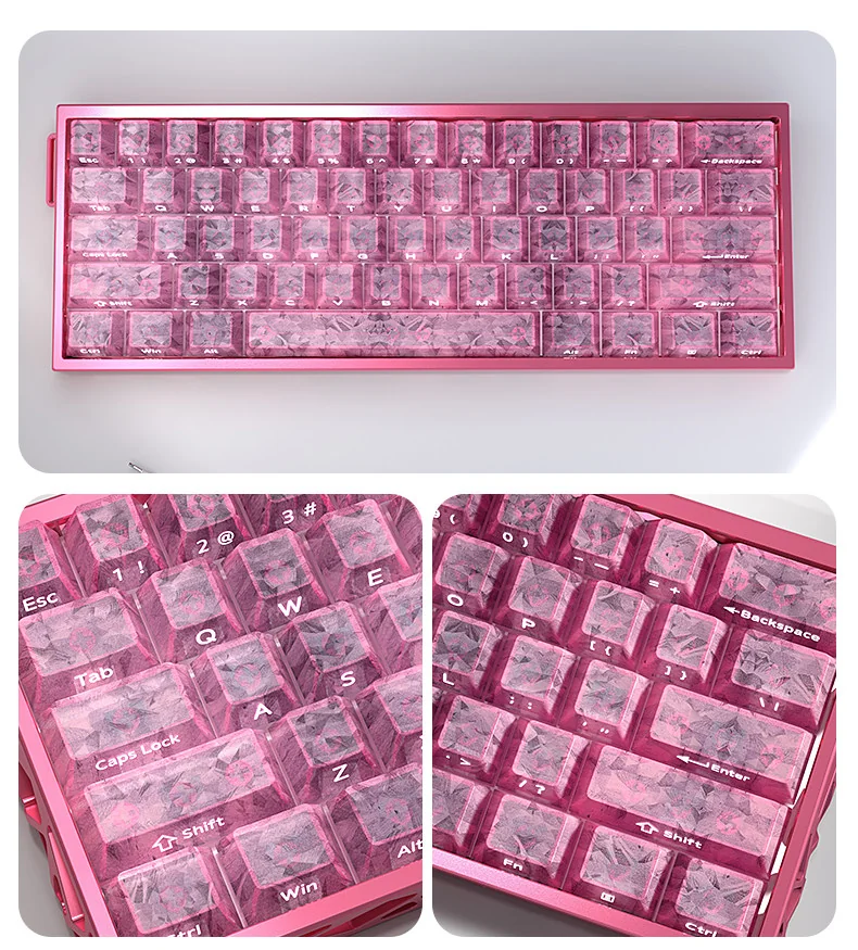 A captivating gallery of Pink Forged Carbon Keycaps Set, showcasing their distinctive high-tech texture and playful elegance from multiple angles.
