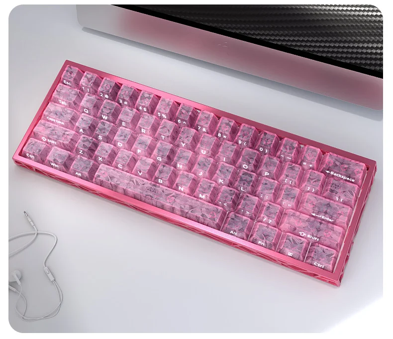 Multiple angles of premium Pink Forged Carbon Keycaps Set, highlighting their distinctive high-tech texture and vibrant, playful pink elegance.