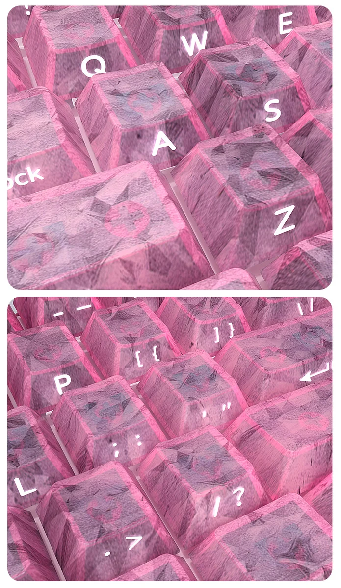 Premium pink forged carbon PC keycaps set, a small full set with side-engraved legends, highlighting their distinctive texture and playful elegance.