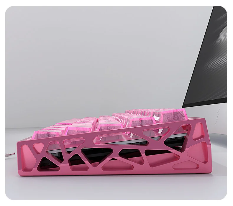 Image of a small full set of PC keycaps set in a distinctive pink forged carbon texture with inscribed legends, embodying playful elegance.