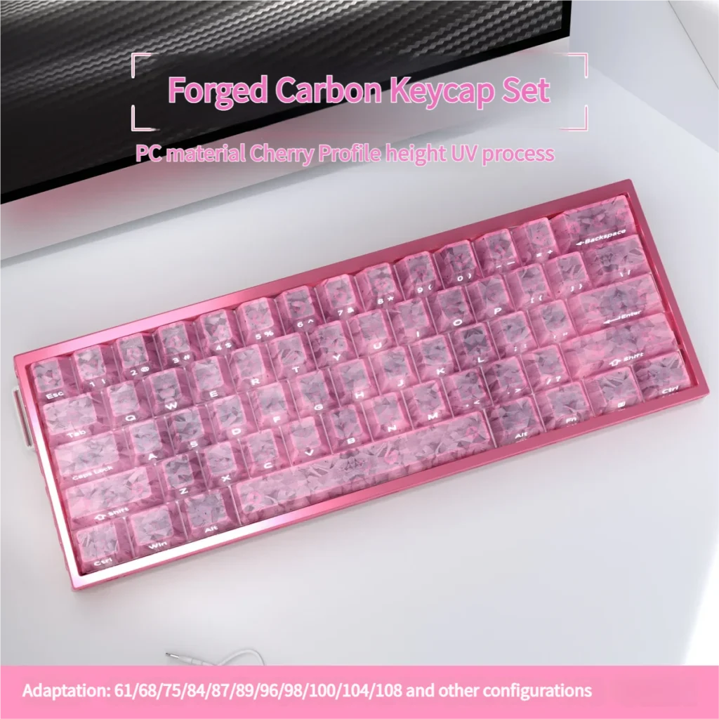 Vibrant pink forged carbon keycaps set featuring their distinctive high-tech texture, blending playful elegance with premium craftsmanship.