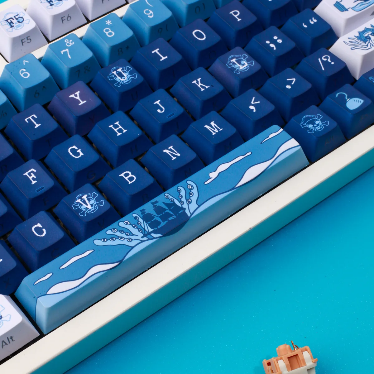 Vibrant blue and white durable PBT Pirate Keycaps set, playfully showcasing their swashbuckling Caribbean theme from different angles.