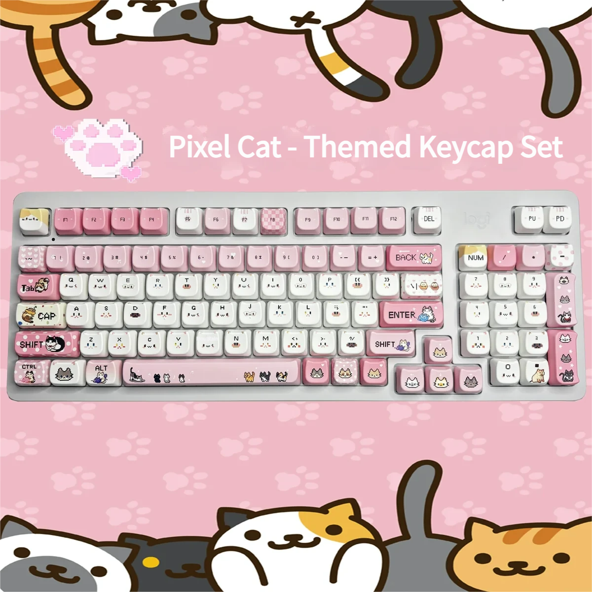 Vibrant, adorable Pixel Cat PBT Keycaps Set. Retro pixel cat motifs on durable PBT, showcasing the MOA profile from all angles.