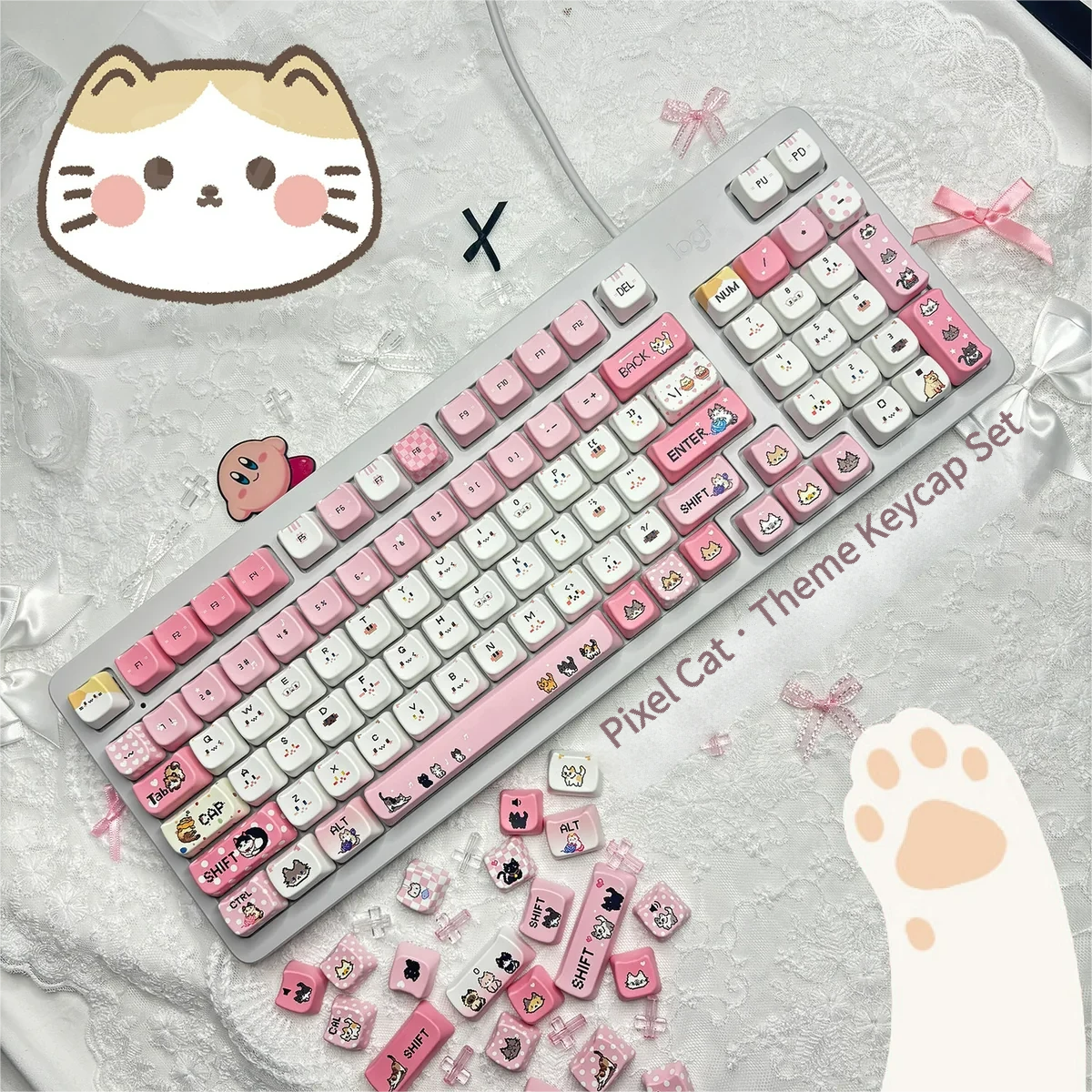 A playful gallery showcasing various angles of the Adorable Pixel Cat PBT Keycaps Set, highlighting their vibrant retro pixel art and durable MOA profile.