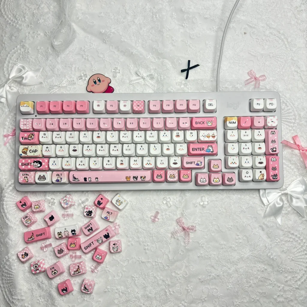 Adorable Pixel Cat PBT Keycaps MOA Set, displayed from multiple angles. Highlights vibrant retro pixel art, playful cat motifs, and durable PBT material.