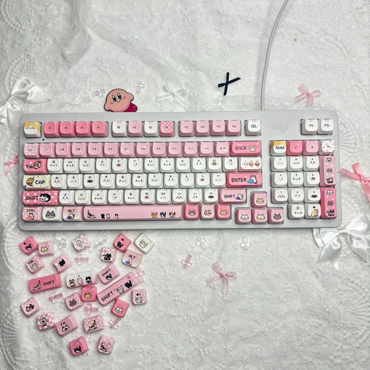 Adorable Pixel Cat PBT Keycaps MOA Set, displayed from multiple angles. Highlights vibrant retro pixel art, playful cat motifs, and durable PBT material.