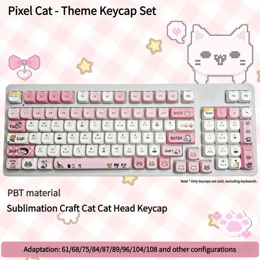 Vibrant, adorable Pixel Cat PBT Keycaps set, showcasing retro pixel art cats on durable PBT with a distinct MOA profile.