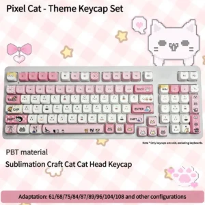 Vibrant, adorable Pixel Cat PBT Keycaps set, showcasing retro pixel art cats on durable PBT with a distinct MOA profile.