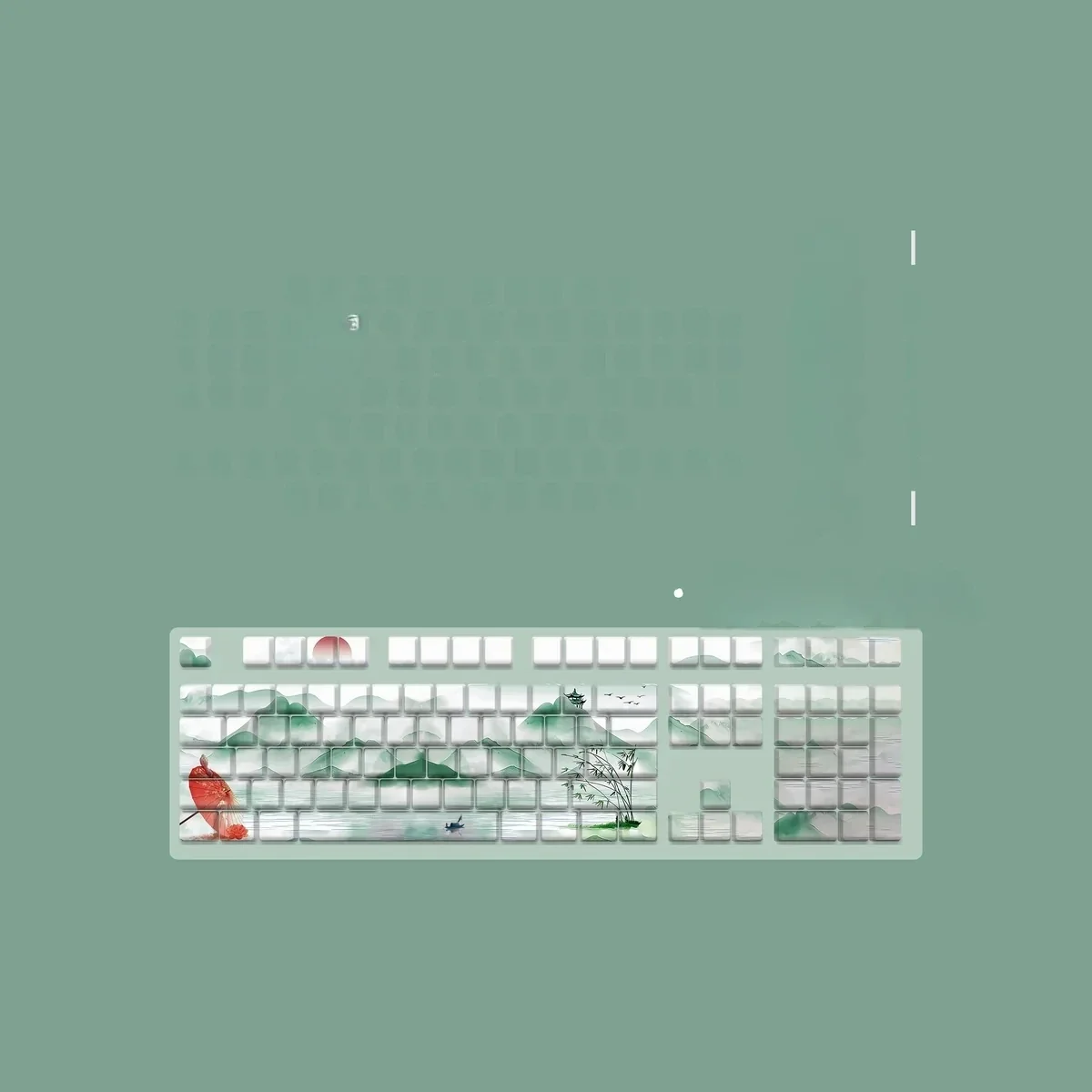 XDA profile opaque PBT keycaps set showcasing serene Chinese ink wash landscapes. This small full set brings artistic, poetic depth to any keyboard.