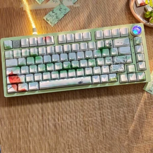 Poetic Chinese Landscape PBT Keycap Set displaying serene ink wash art and traditional motifs. This artistic Chinese keycap set offers deep, poetic desaign.