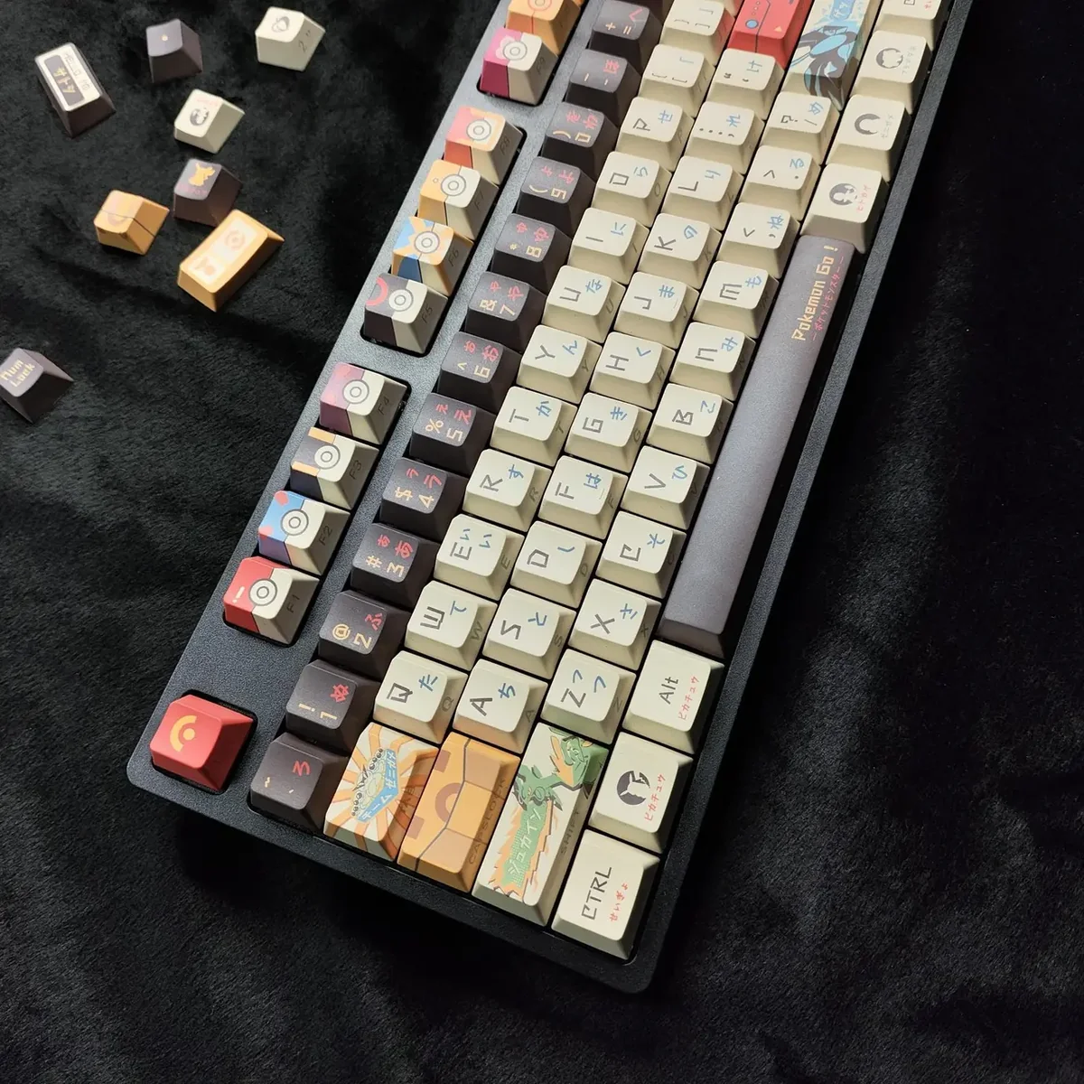 Multiple angles of durable PBT Pokemon side-legend keycaps set. Iconic characters with clean, minimalist side-printed legends, offering premium appeal.